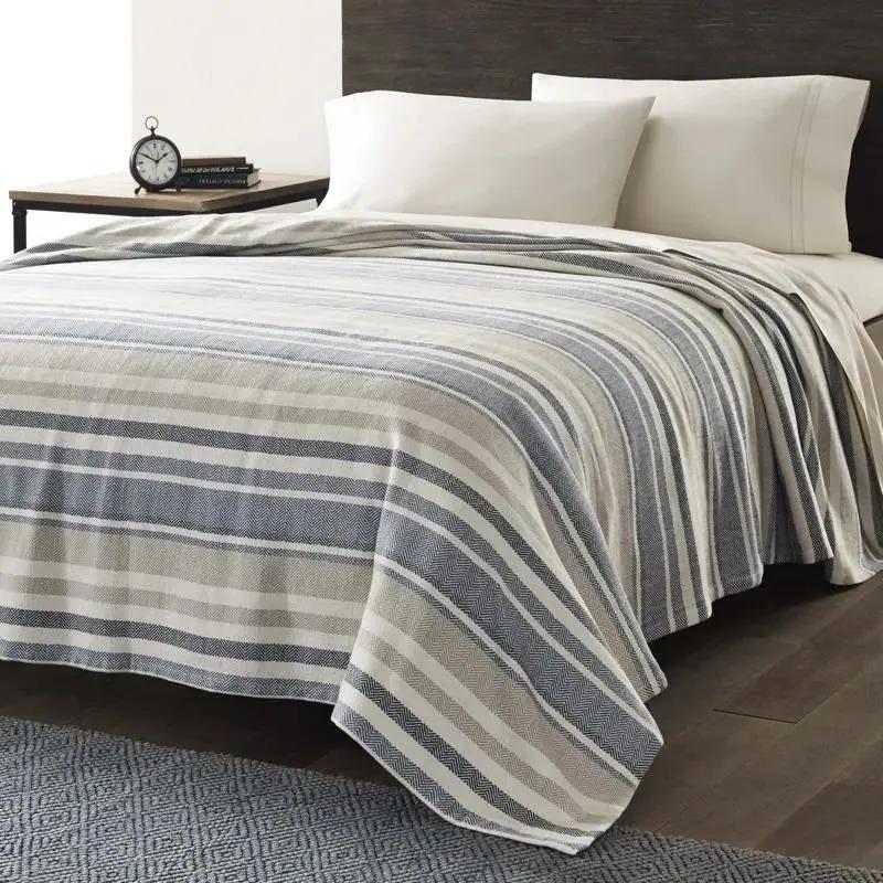 Full/Queen size Navy Blue Tan Cream Chevron Stripe Lightweight Cotton Blanket by HomePacific