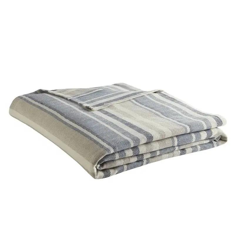Full/Queen size Navy Blue Tan Cream Chevron Stripe Lightweight Cotton Blanket by HomePacific