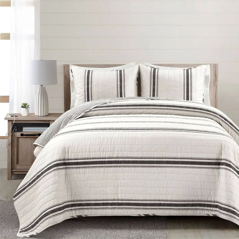 Full/Queen Black Off-White Cream Stripe Reversible Cotton 3-Piece Quilt Set by HomePacific