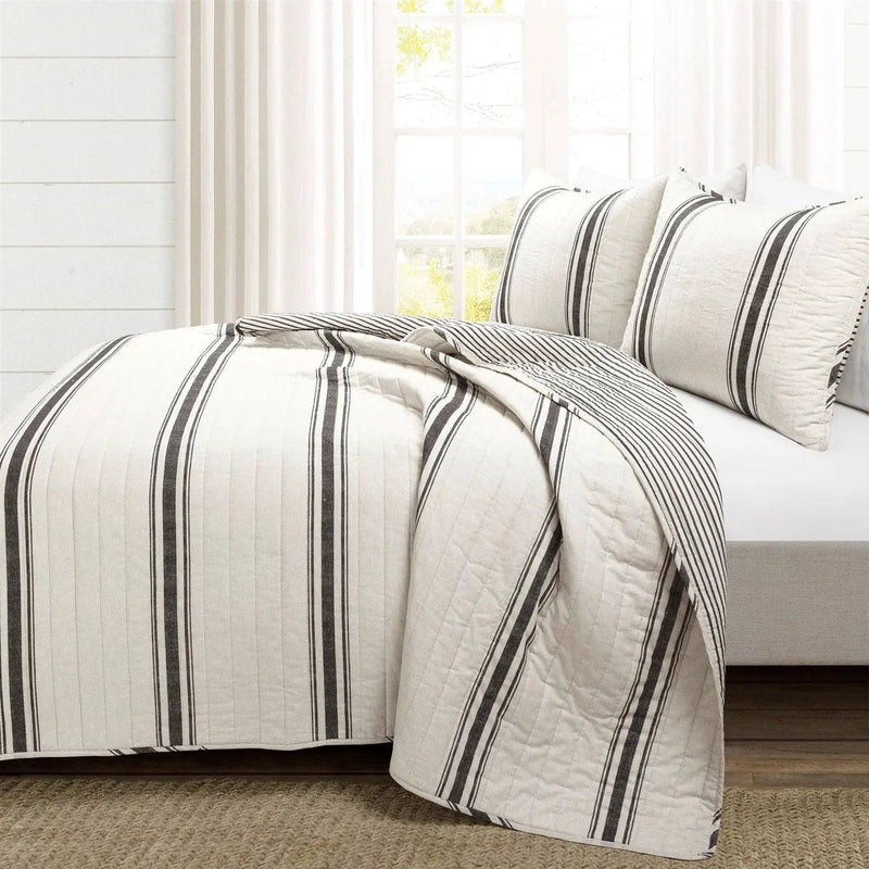 Full/Queen Black Off-White Cream Stripe Reversible Cotton 3-Piece Quilt Set by HomePacific