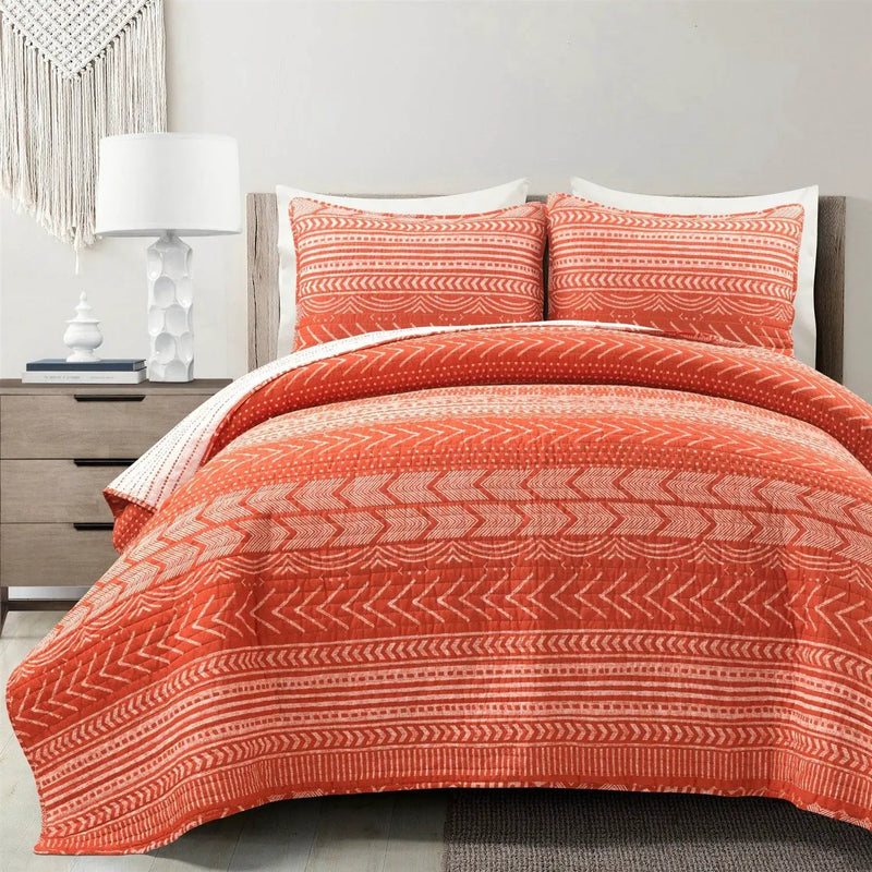Full/Queen Scandinavian Chevron Orange White Stripe Reversible Cotton Quilt Set by HomePacific
