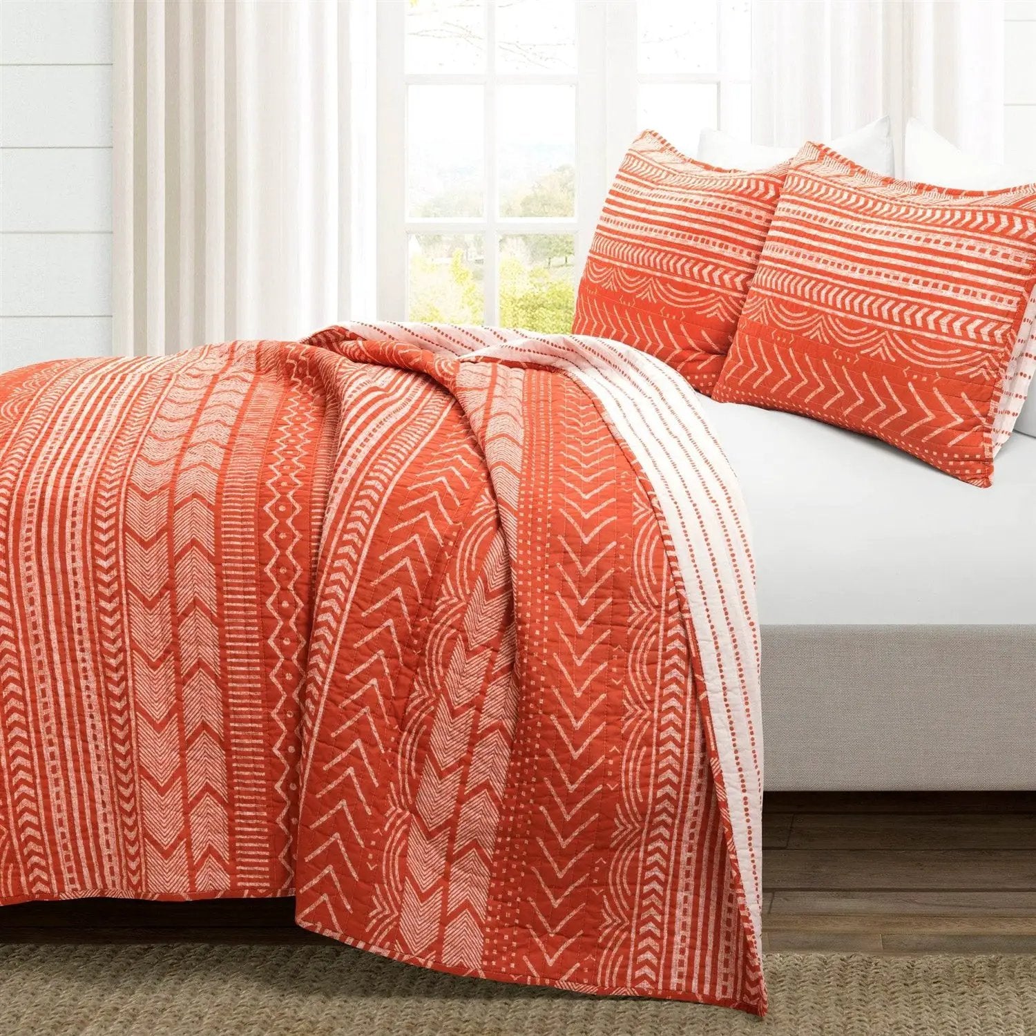 Full/Queen Scandinavian Chevron Orange White Stripe Reversible Cotton Quilt Set by HomePacific
