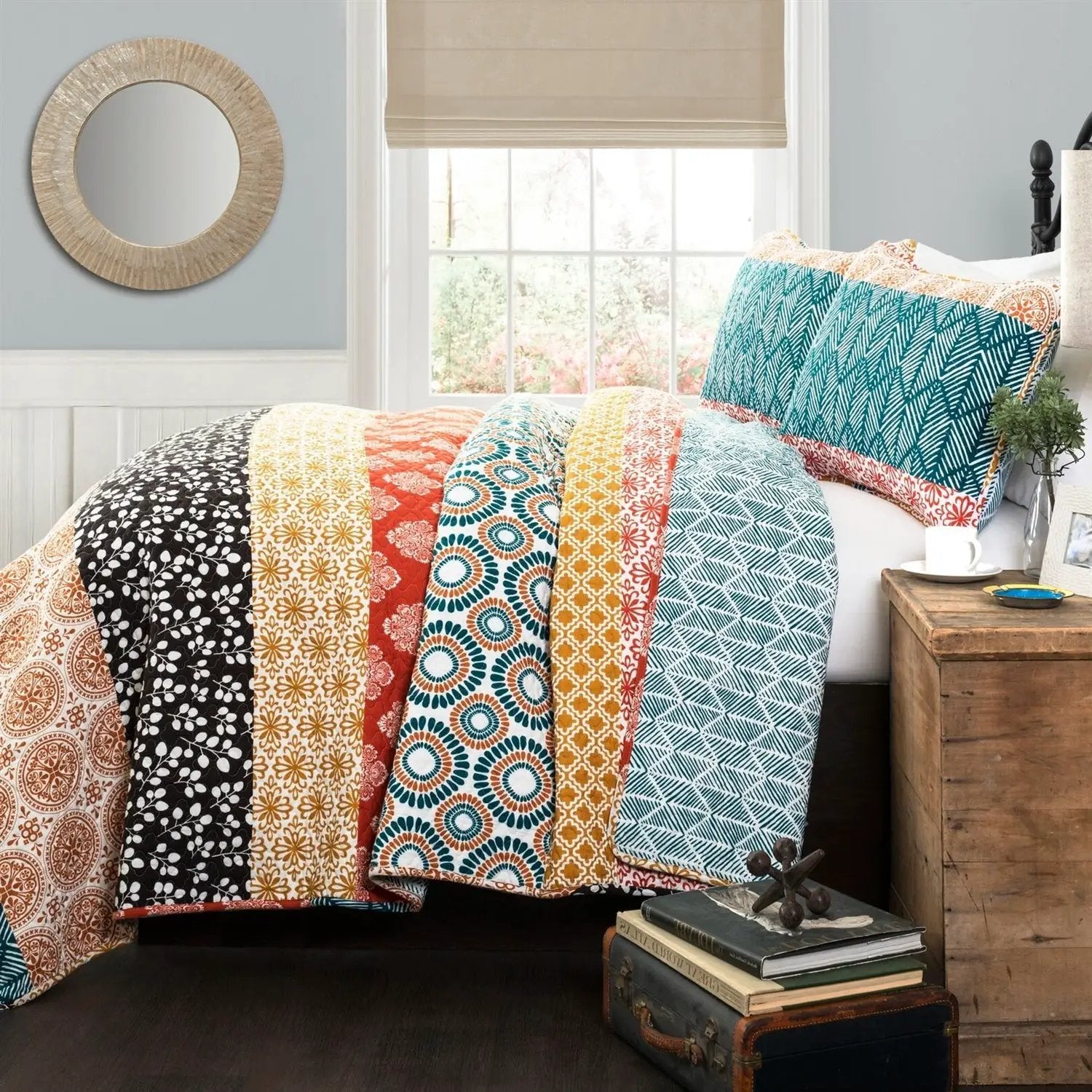 Full/Queen size Cotton 3 Piece Reversible Teal Orange Bohemian Stripe Quilt Set by HomePacific