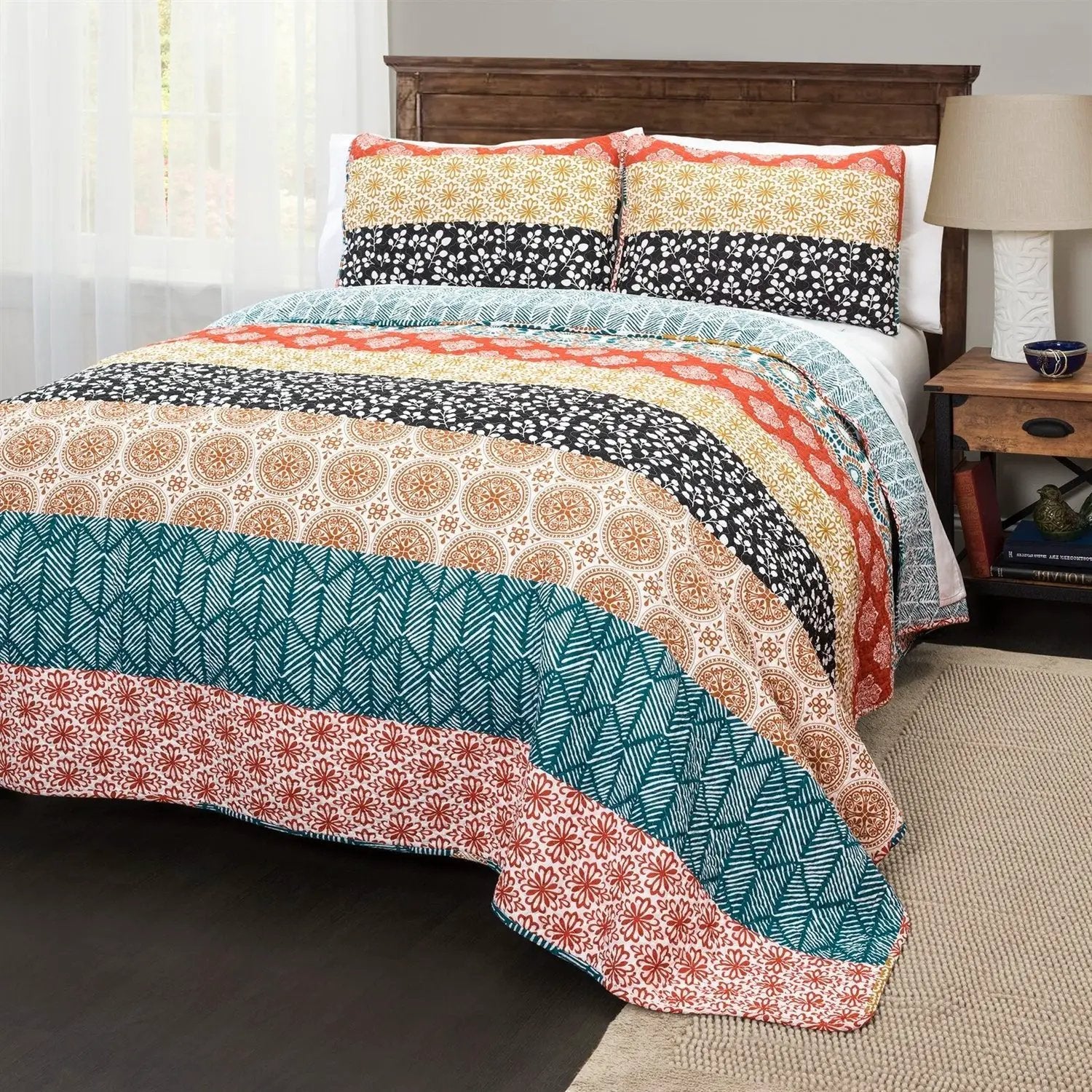 Full/Queen size Cotton 3 Piece Reversible Teal Orange Bohemian Stripe Quilt Set by HomePacific