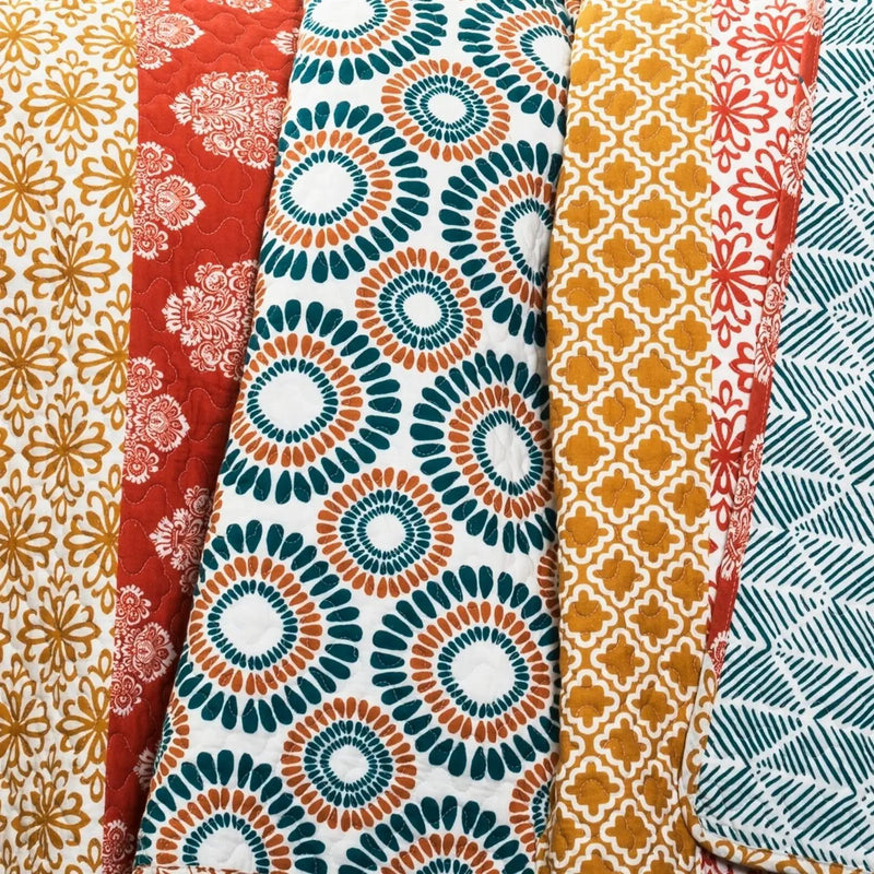 Full/Queen size Cotton 3 Piece Reversible Teal Orange Bohemian Stripe Quilt Set by HomePacific