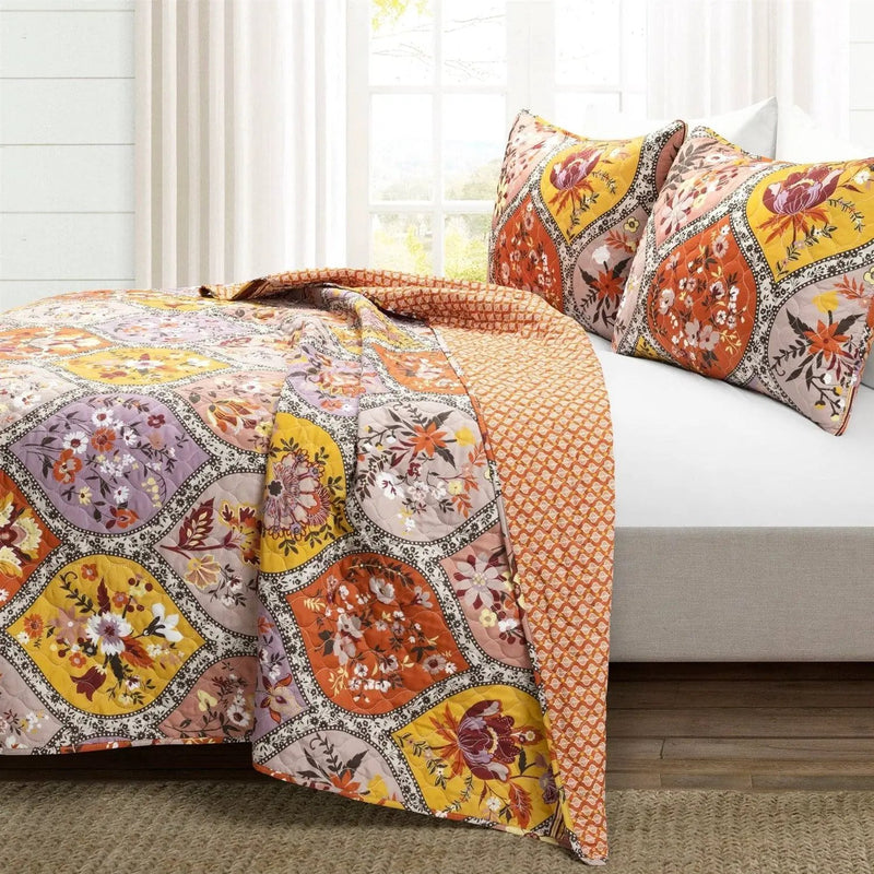 Full/Queen Boho Floral Lightweight Cotton Orange Mauve 3-Piece Quilt Set by HomePacific