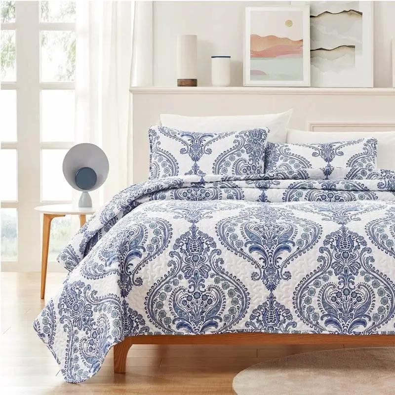 Full/Queen Size Soft Microfiber Reversible Blue/White Baroque Design Quilt Set by HomePacific