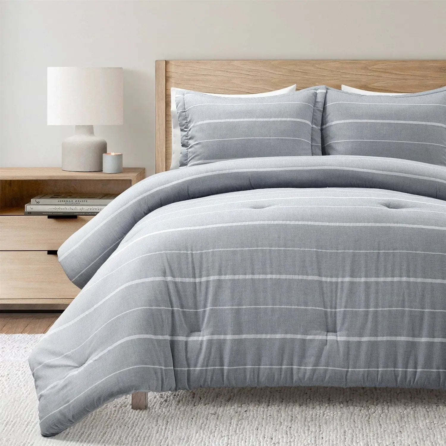 Full/Queen Blue Grey Off-White Stripe 3-Piece Lightweight Comforter Set by HomePacific