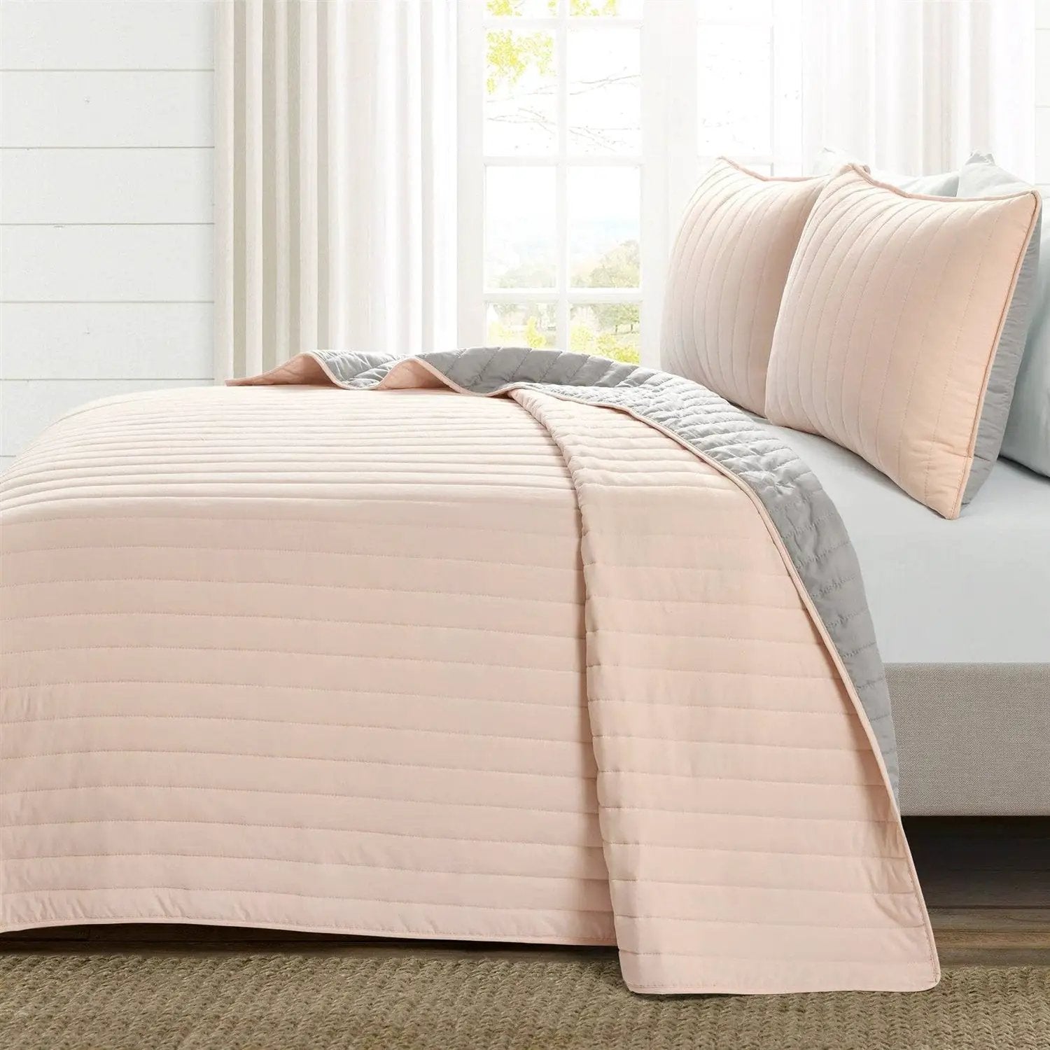 Full/Queen Soft Reversible Lightweight Quilt Set in Rose Blush Pink and Grey by HomePacific