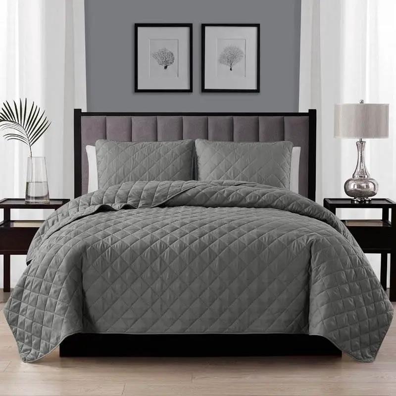 Full/Queen 3-Piece Dark Grey Polyester Microfiber Diamond Quilted Quilt Set by HomePacific