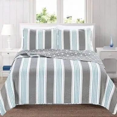 Full/Queen 3 Piece Coastal Starfish Sand Dollar Grey Blue White Quilt Set by HomePacific