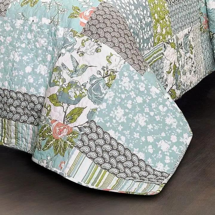 Full/Queen Boho Floral Blue Cotton Lightweight Quilt Set by HomePacific