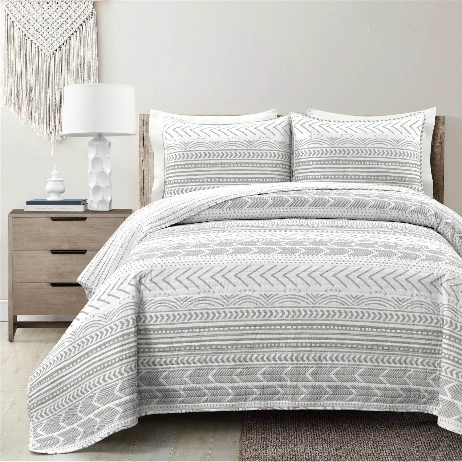 Full/Queen Scandinavian Chevron Grey White Reversible Cotton Quilt Set by HomePacific
