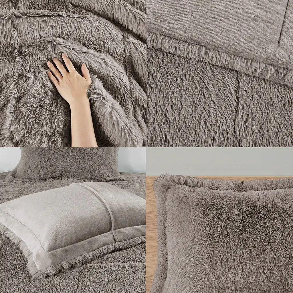 Full/Queen Grey Soft Sherpa Faux Fur 3-Piece Comforter Set with Pillow Shams by HomePacific