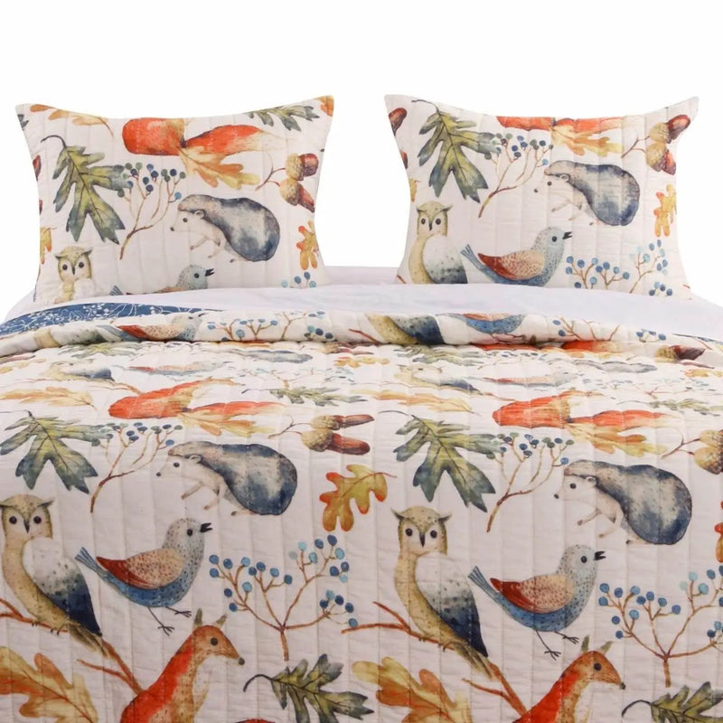 Full/Queen Blue Beige Birds Animals Floral Microfiber Reversible Quilt Set by HomePacific