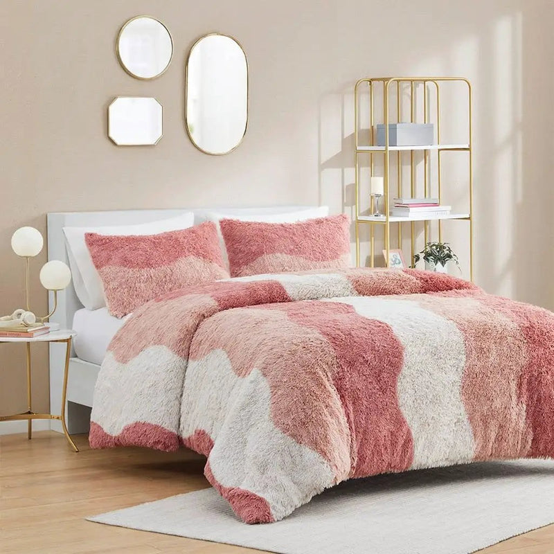 Full/Queen Pink Blush White Reversible Soft Sherpa Faux Fur 3-PC Comforter Set by HomePacific