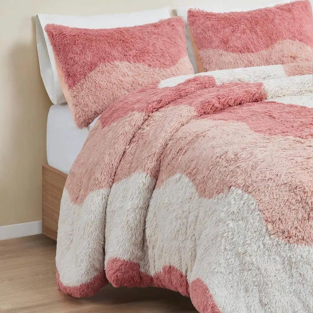 Full/Queen Pink Blush White Reversible Soft Sherpa Faux Fur 3-PC Comforter Set by HomePacific