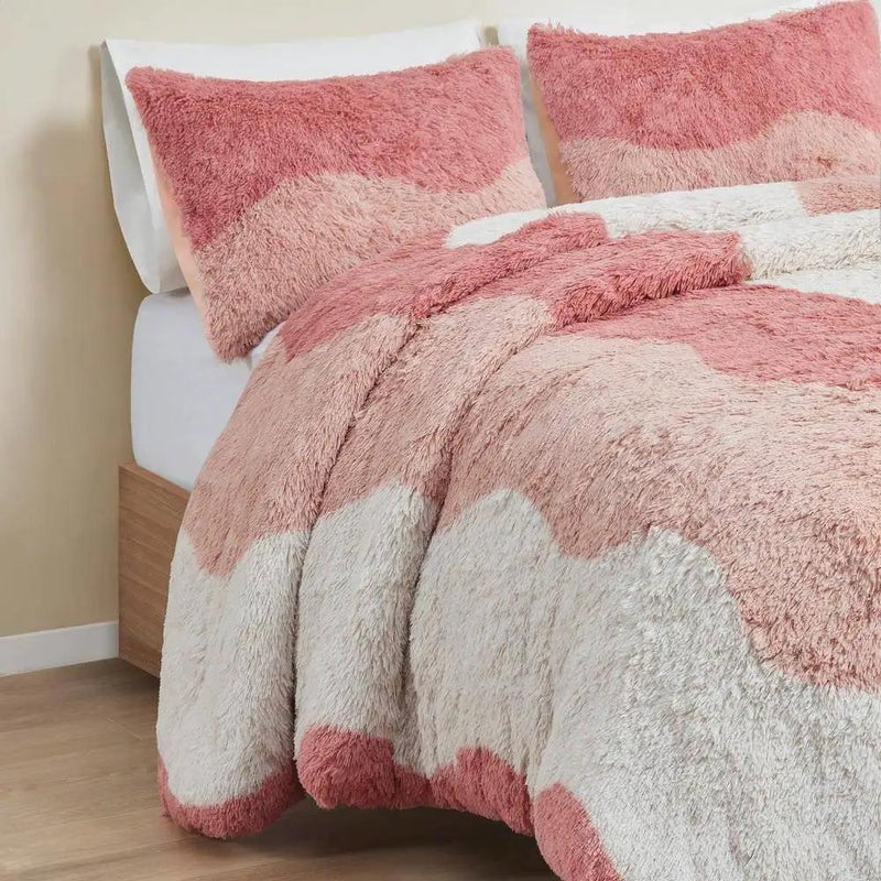 Full/Queen Pink Blush White Reversible Soft Sherpa Faux Fur 3-PC Comforter Set by HomePacific