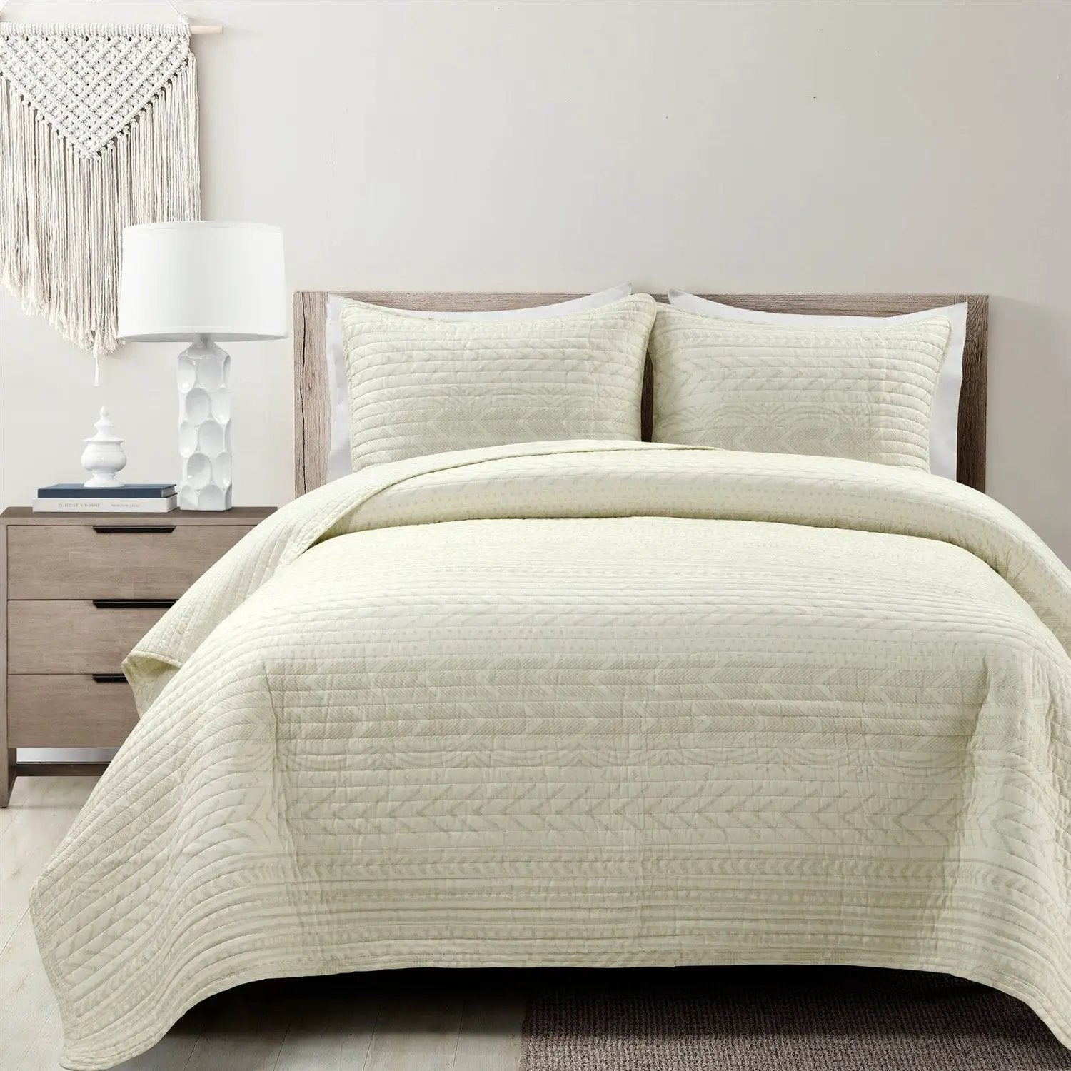 Full/Queen Scandinavian Chevron Ivory Beige Reversible Cotton Quilt Set by HomePacific