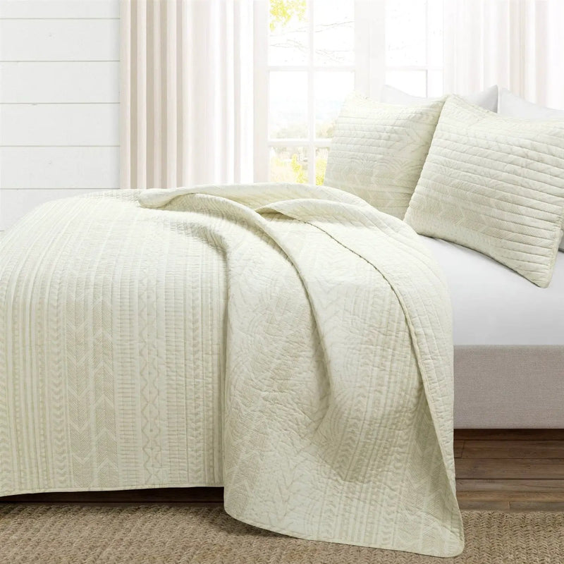 Full/Queen Scandinavian Chevron Ivory Beige Reversible Cotton Quilt Set by HomePacific