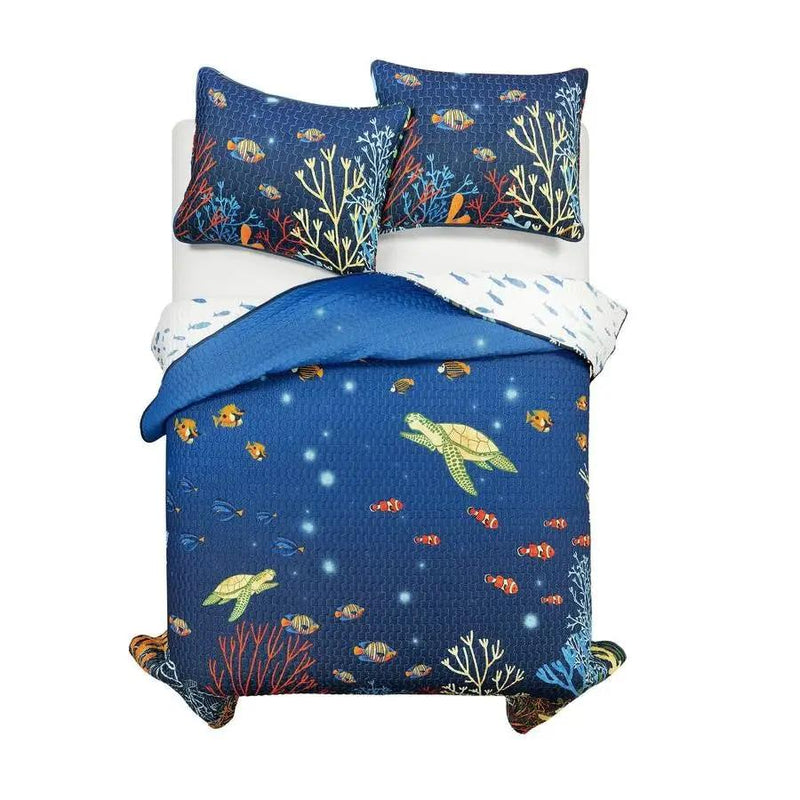 Full/Queen 3 Piece Ocean Navy Blue Clown Fish Coral Reef Reversible Quilt Set by HomePacific