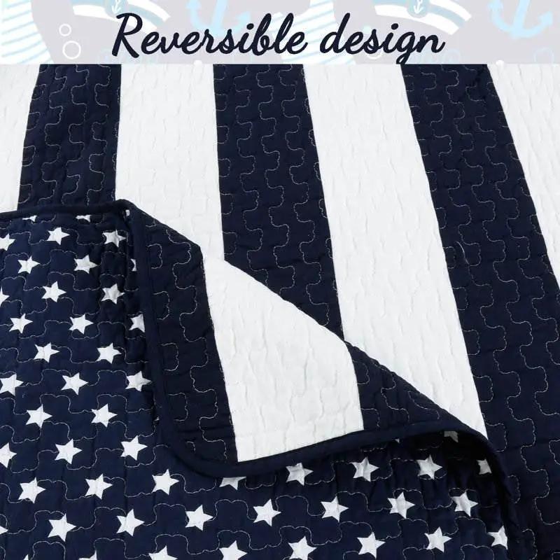 Full/Queen 3 Piece Navy Blue White Stars Stripes 100-Percent Cotton Quilt Set by HomePacific