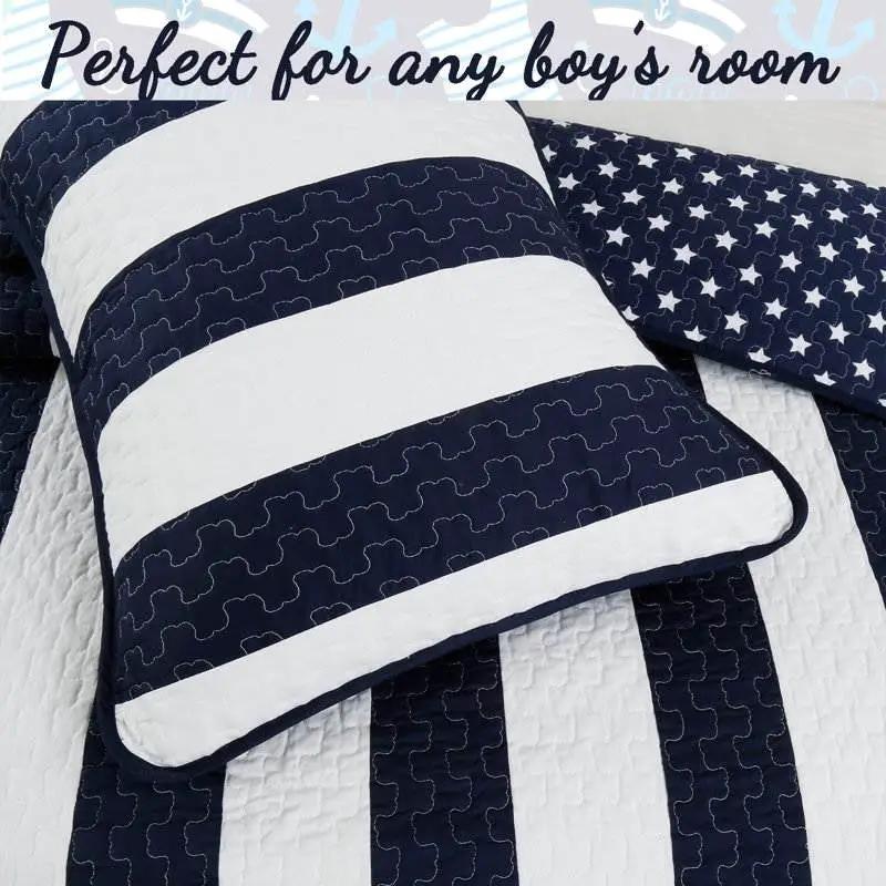 Full/Queen 3 Piece Navy Blue White Stars Stripes 100-Percent Cotton Quilt Set by HomePacific