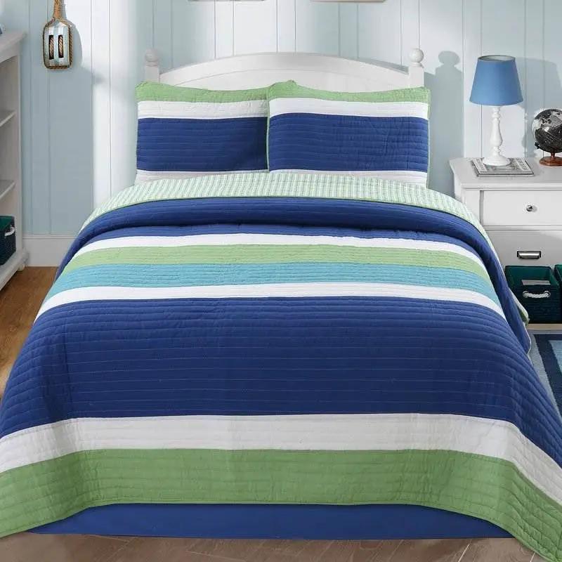 Full/Queen Navy Blue/Green/Teal/White Stripe 100-Percent Cotton Quilt Set by HomePacific