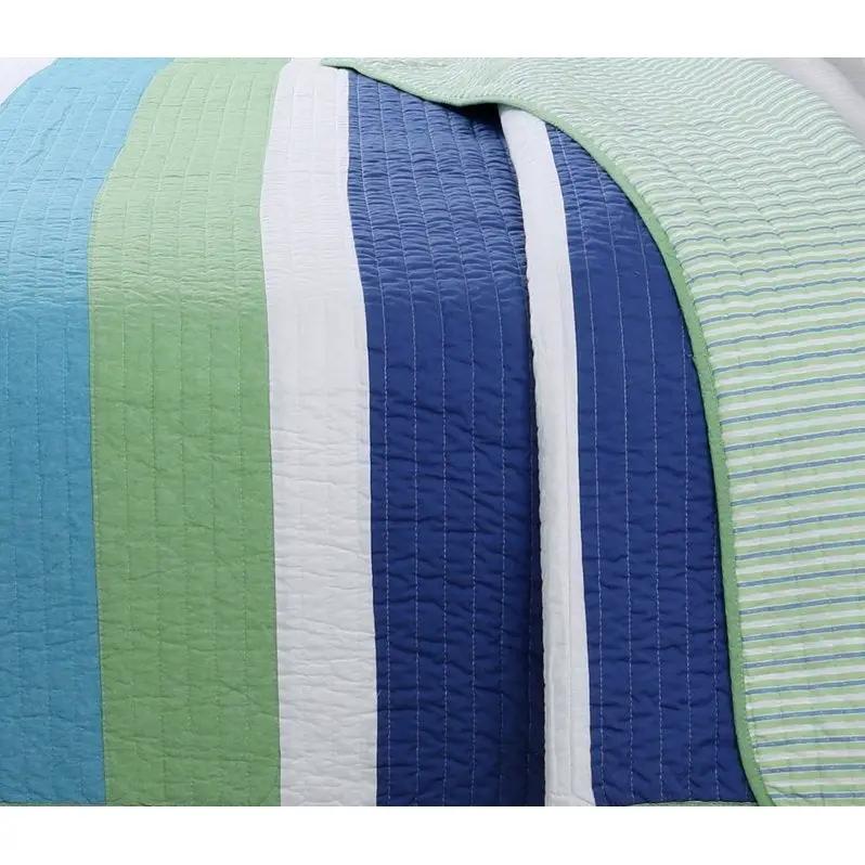 Full/Queen Navy Blue/Green/Teal/White Stripe 100-Percent Cotton Quilt Set by HomePacific