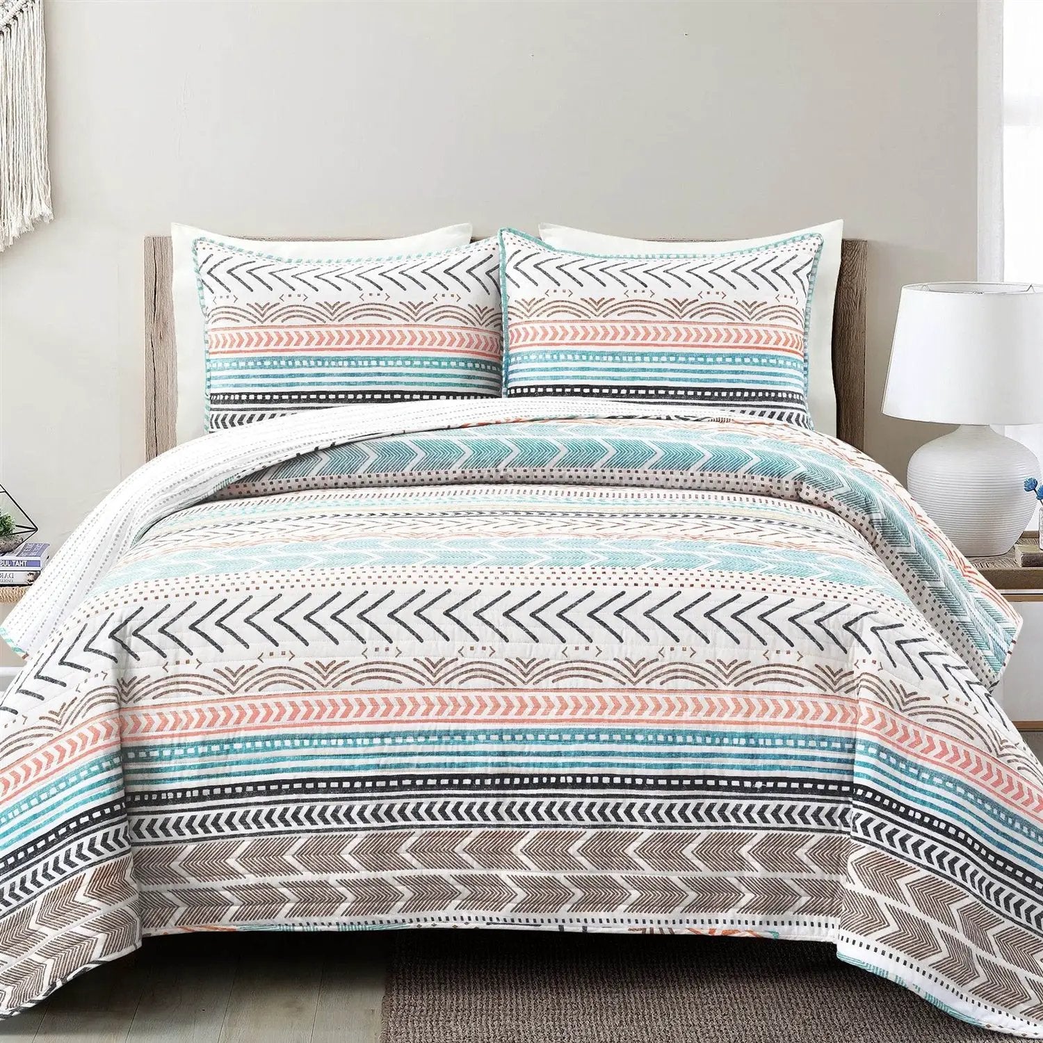 Full/Queen Scandinavian Chevron Teal White Orange Reversible Cotton Quilt Set by HomePacific