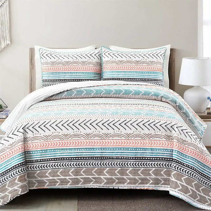 Full/Queen Scandinavian Chevron Teal White Orange Reversible Cotton Quilt Set by HomePacific