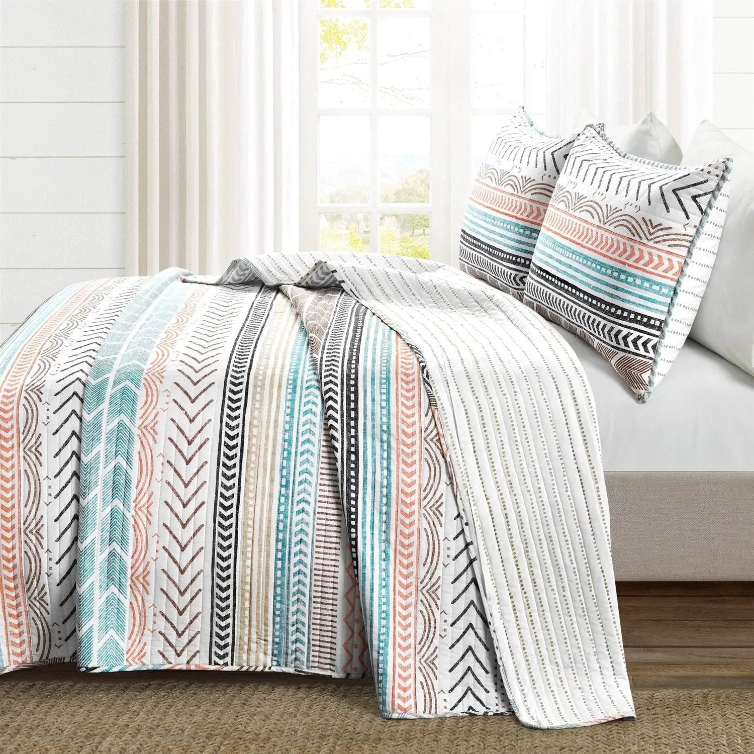 Full/Queen Scandinavian Chevron Teal White Orange Reversible Cotton Quilt Set by HomePacific