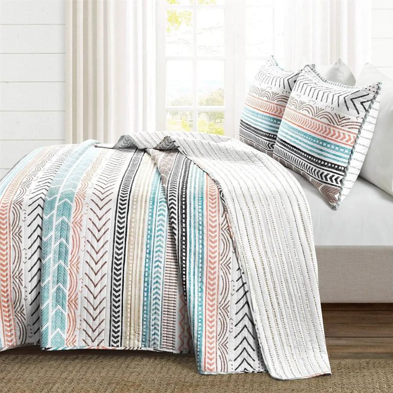 Full/Queen Scandinavian Chevron Teal White Orange Reversible Cotton Quilt Set by HomePacific