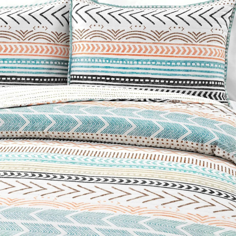 Full/Queen Scandinavian Chevron Teal White Orange Reversible Cotton Quilt Set by HomePacific