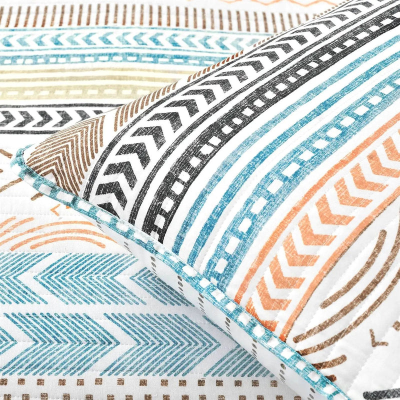 King Scandinavian Chevron Teal White Orange Brown Reversible Cotton Quilt Set by HomePacific