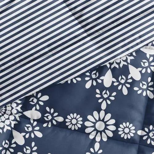 Full/Queen size 3-Piece Navy Blue White Reversible Floral Striped Comforter Set by HomePacific