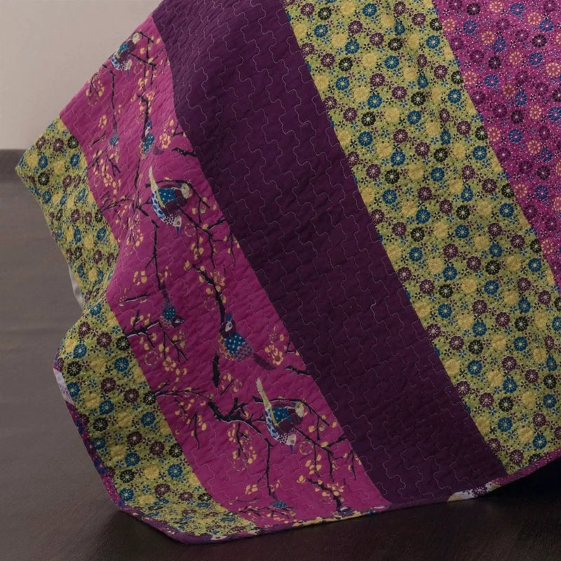 Full/Queen Vibrant Purple Yellow Boho Floral Reversible Lightweight Quilt Set by HomePacific