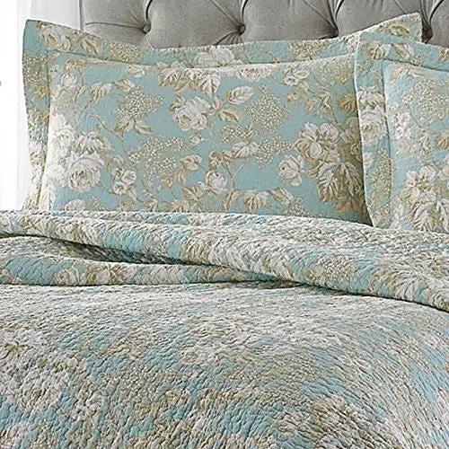 Full / Queen 3-Piece Cotton Quilt Set in Seafoam Blue Beige Floral Pattern by HomePacific