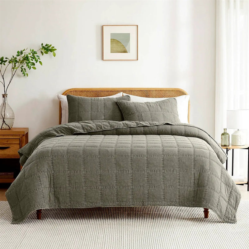 Full/Queen 3 Piece Cotton Faded Stone Washed Lightweight Quilt Set Green by HomePacific