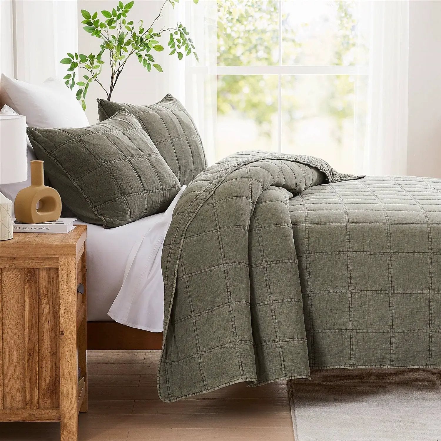 Full/Queen 3 Piece Cotton Faded Stone Washed Lightweight Quilt Set Green by HomePacific