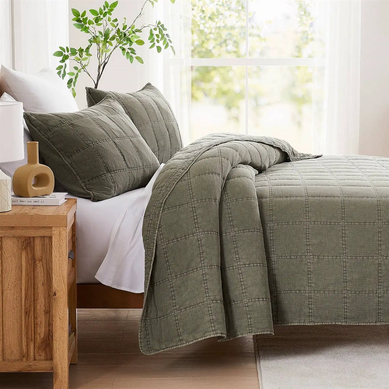 Full/Queen 3 Piece Cotton Faded Stone Washed Lightweight Quilt Set Green by HomePacific