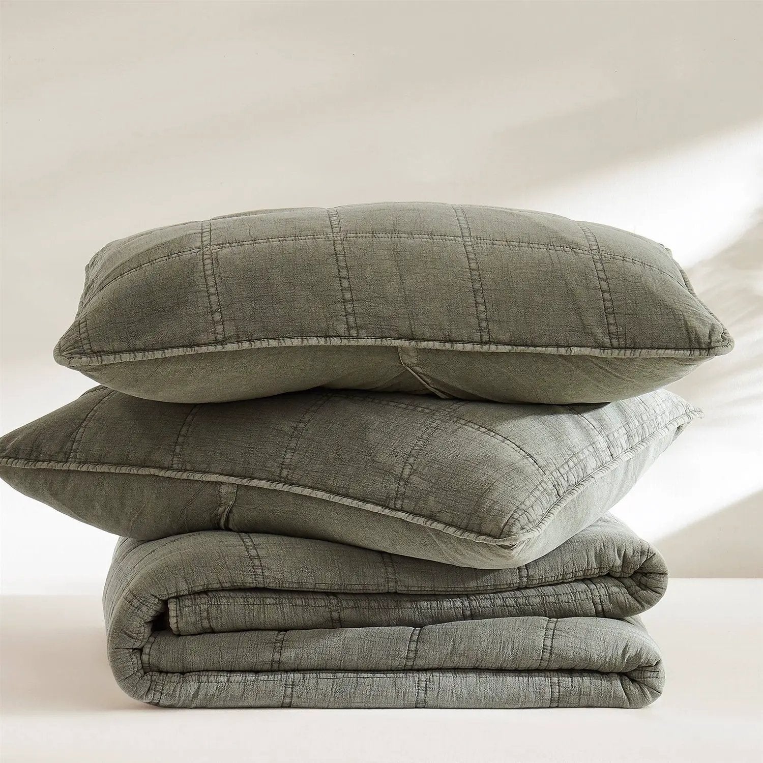 Full/Queen 3 Piece Cotton Faded Stone Washed Lightweight Quilt Set Green by HomePacific
