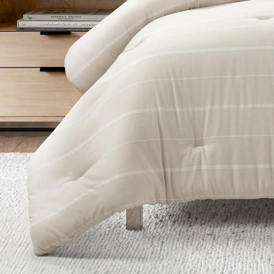 Full/Queen Beige Off-White Stripe Lightweight 3-Piece Comforter Set by HomePacific