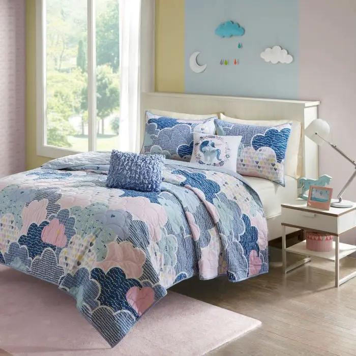 Full/Queen Kids Blue Pink Unicorn Clouds Quilt Coverlet Bedspread Set by HomePacific