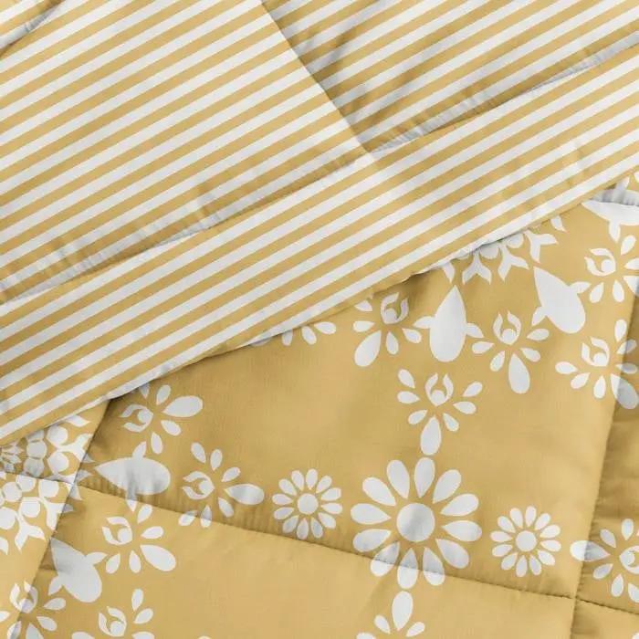 Full/Queen size 3-Piece Yellow White Reversible Floral Striped Comforter Set by HomePacific