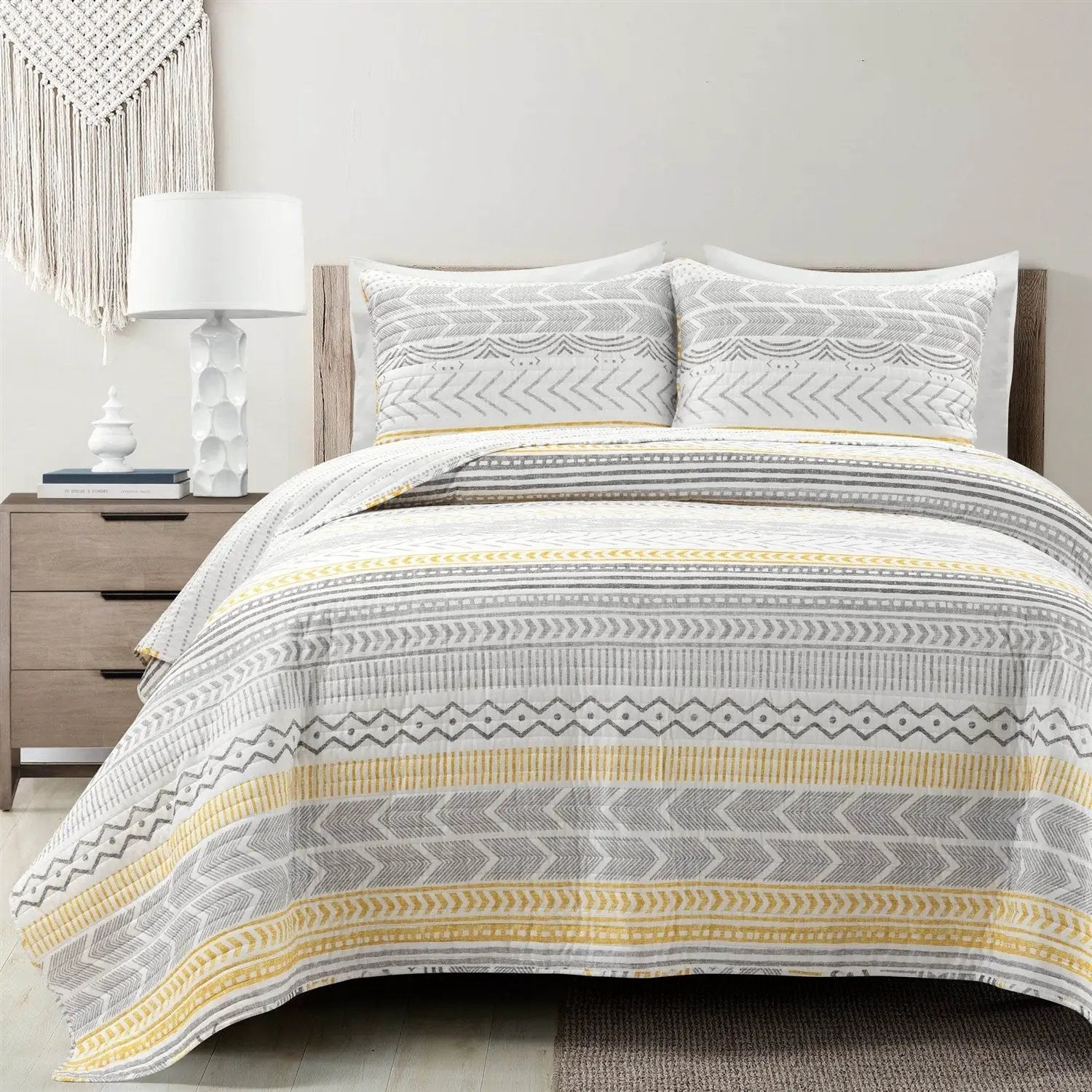 Full/Queen Scandinavian Grey/Yellow Reversible Cotton Quilt Set by HomePacific