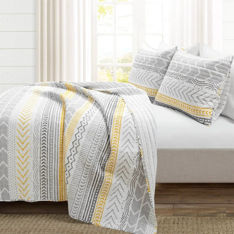 Full/Queen Scandinavian Grey/Yellow Reversible Cotton Quilt Set by HomePacific