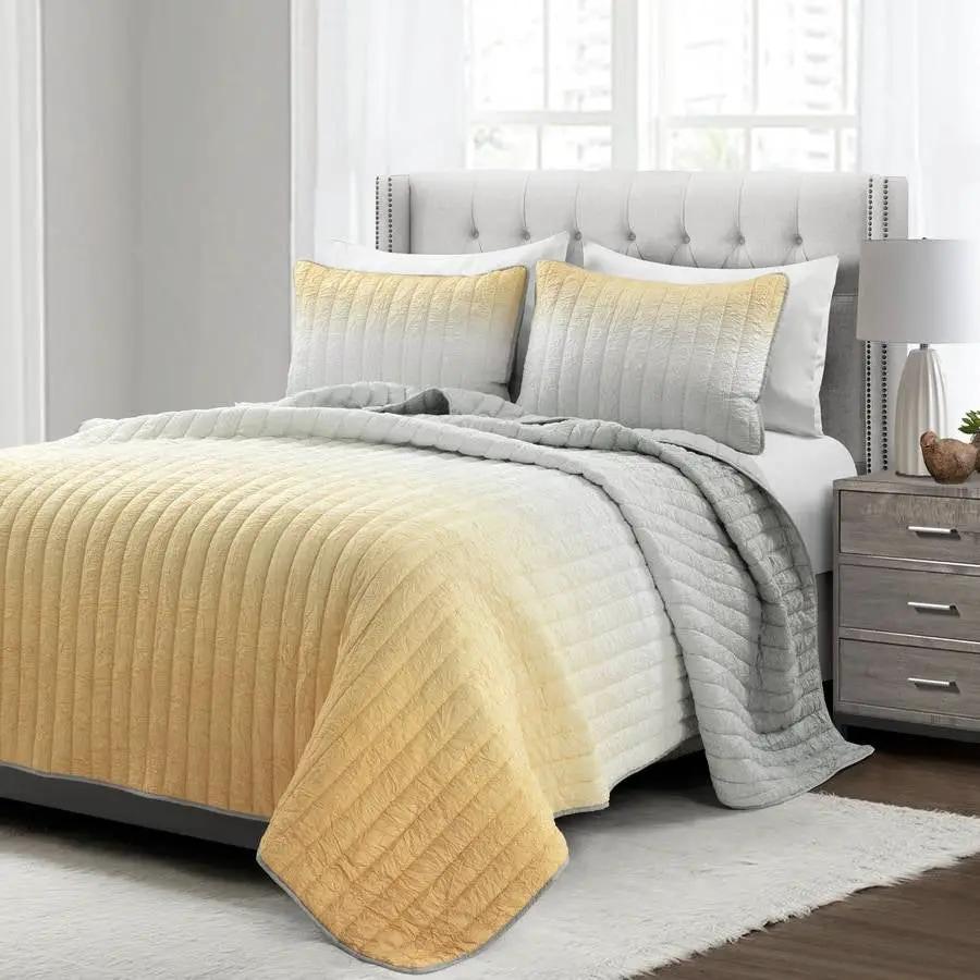 Full/Queen Yellow Orange Grey Lightweight Crinkle Fabric 3 Piece Quilt Set by HomePacific
