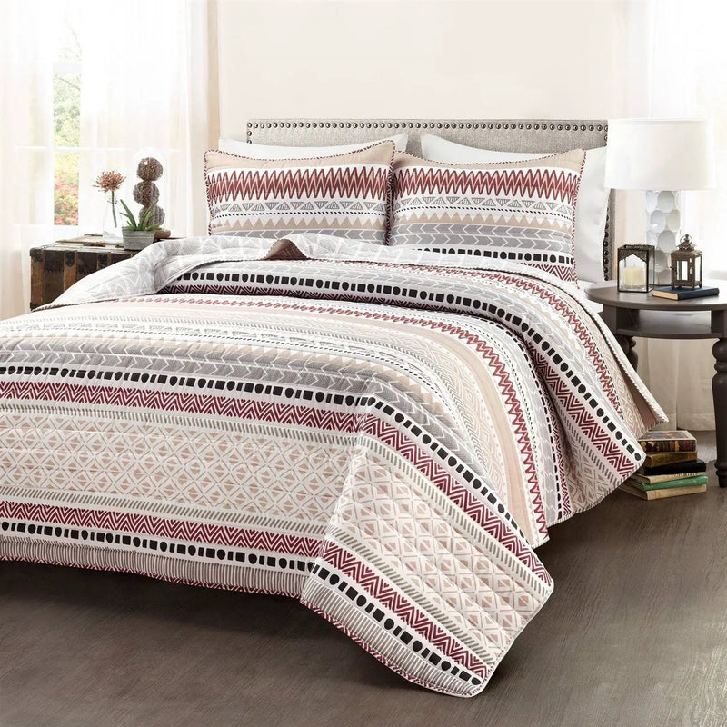 Full/Queen Lightweight Rustic Red Chevron Stripe Reversible 3 Piece Quilt Set by HomePacific
