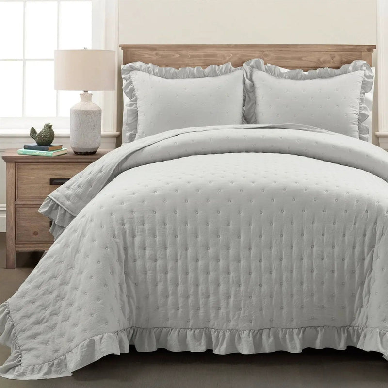 King Size Lightweight Grey Ruffle Reversible Oversized 3 Piece Quilt Set by HomePacific
